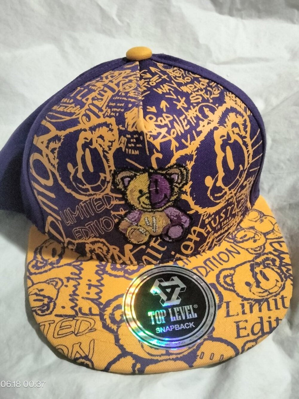 Top Level Kids Snapback Hat Purple Gold Bear Graphic Limited Edition Cap